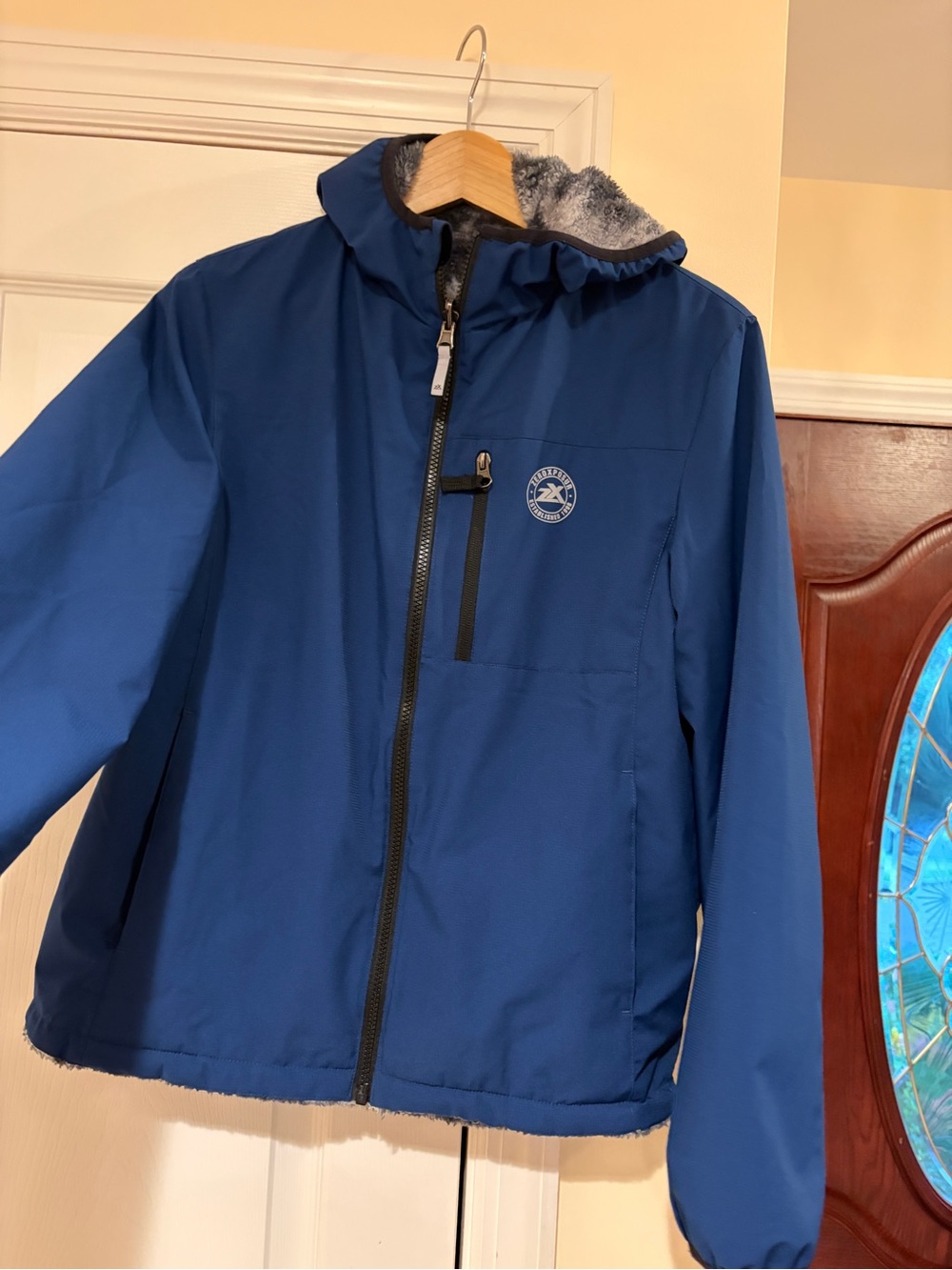 Youth Blue Hooded Winter Jacket - Cozy Lined Coat - size 18/20